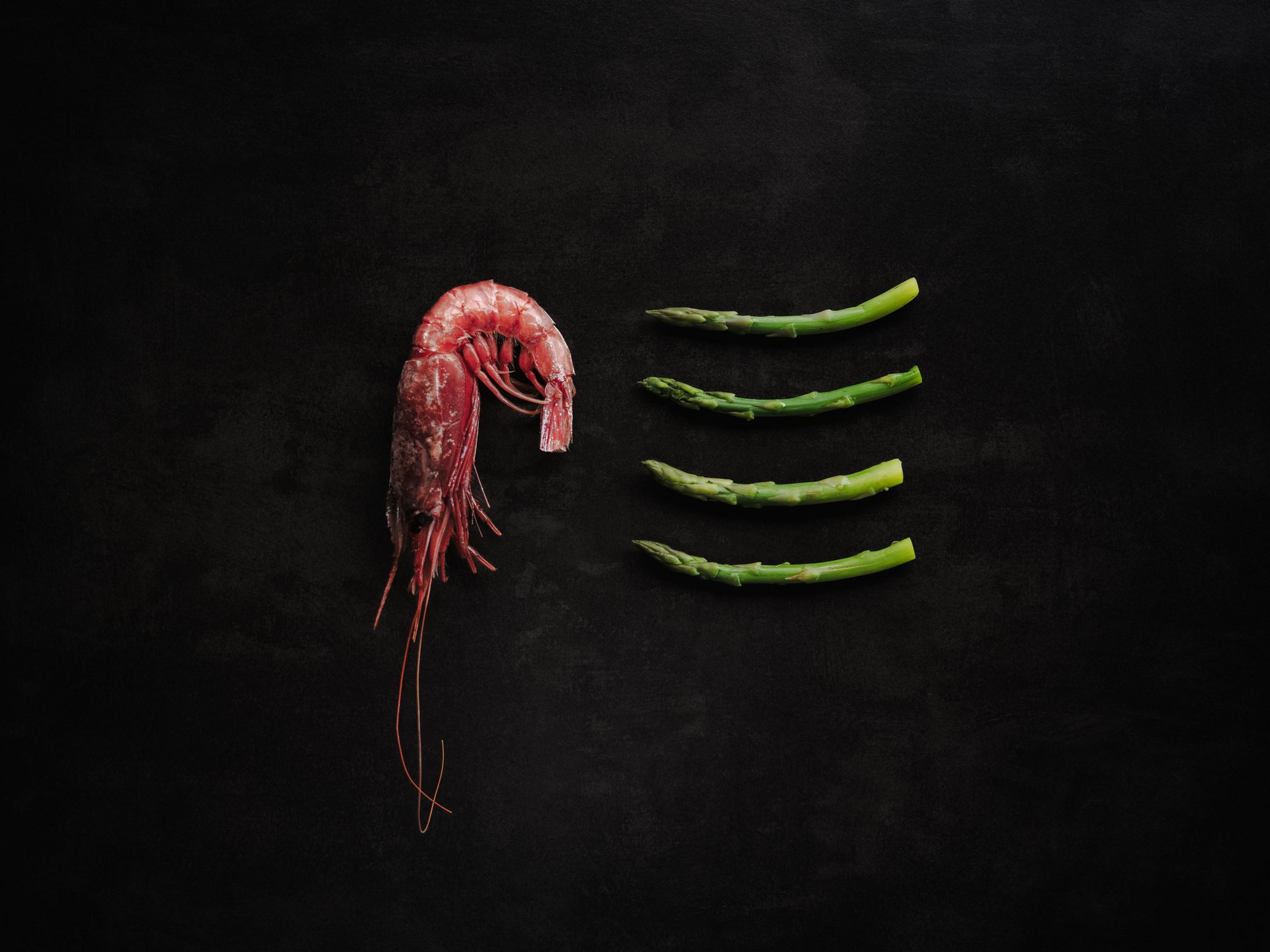 Dorf Tirol: accommodation with style and good food A shrimp next to four asparagus pieces on a black background.