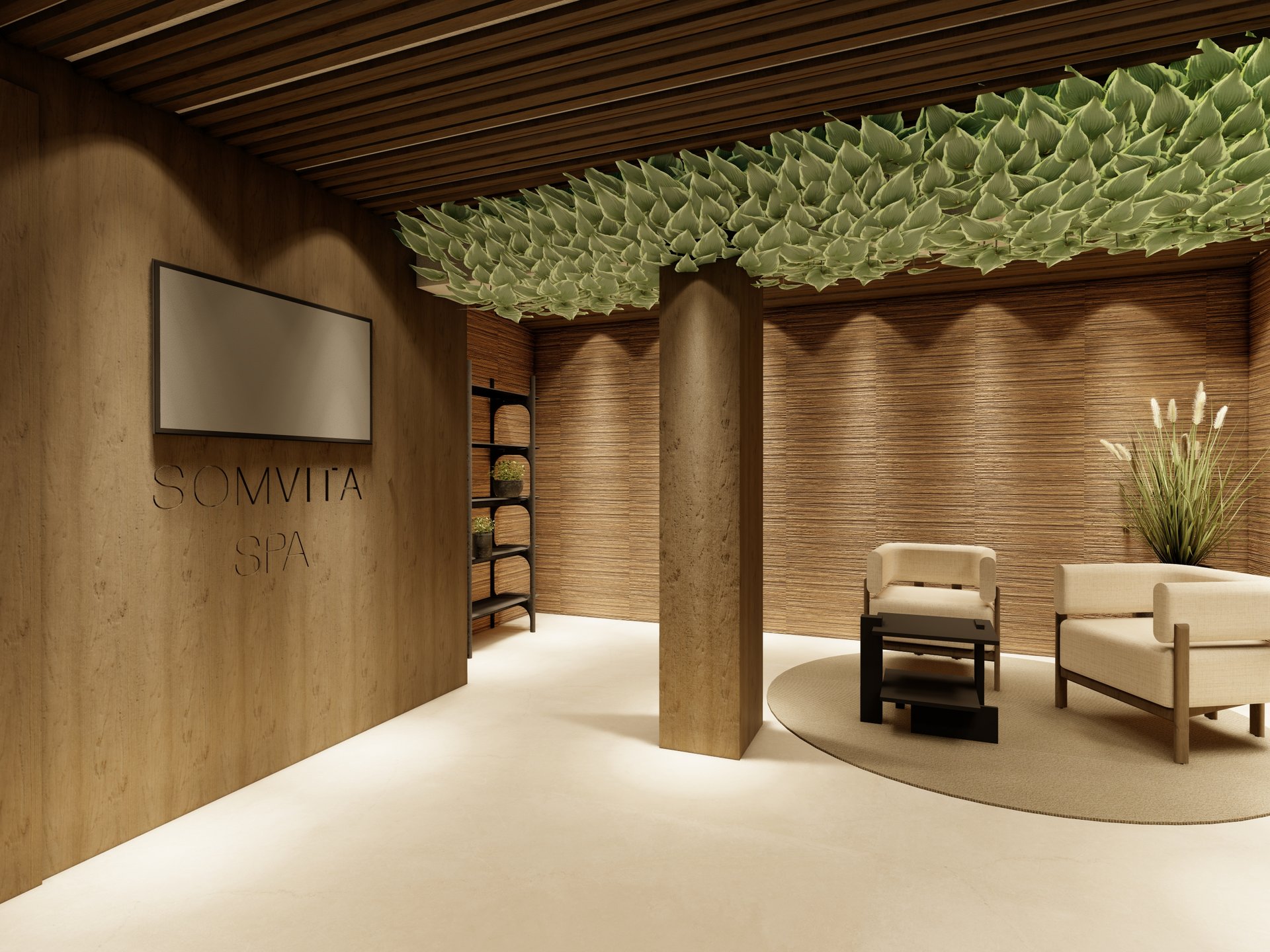 Unterkünfte in Dorf Tirol? Für Sie: SomVita Suites! Gemütlicher Wartebereich im Spa mit hängenden Pflanzen an der Decke