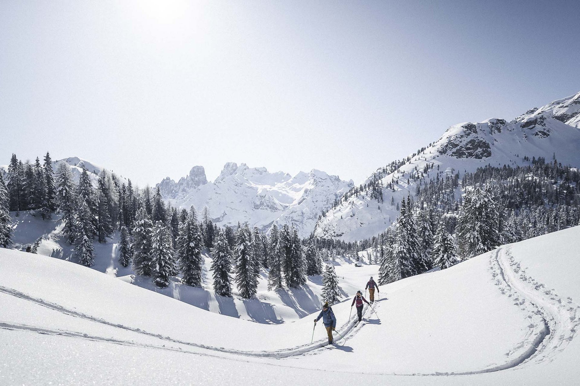 Sport a Tirolo paese e sui monti | SomVita Suites Tre escursionisti con sci in un paesaggio montano innevato con alberi e montagne