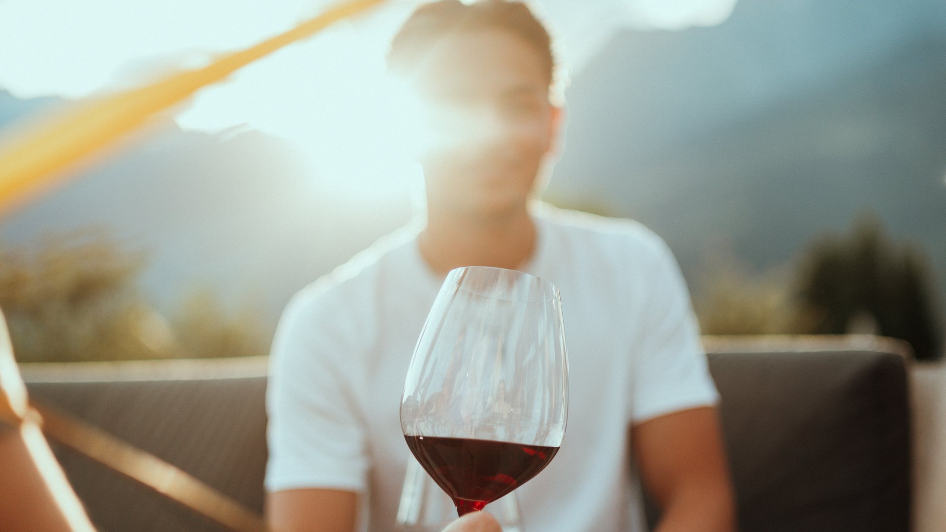 Glas Wein in der Hand, zur Abenddämmerung, im Hintergrund Berge