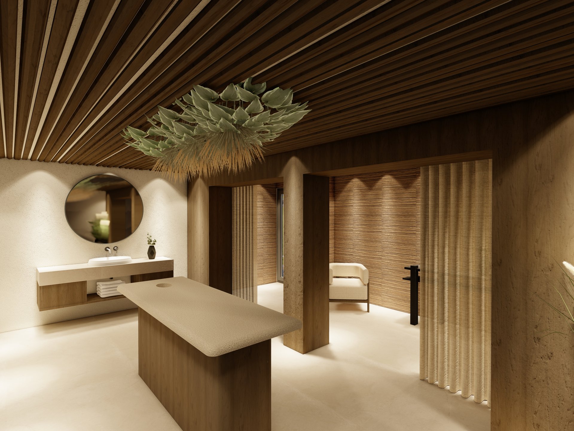 Unterkünfte in Dorf Tirol? Für Sie: SomVita Suites! Moderner Spa-Raum mit Massagetisch und natürlicher Holzeinrichtung